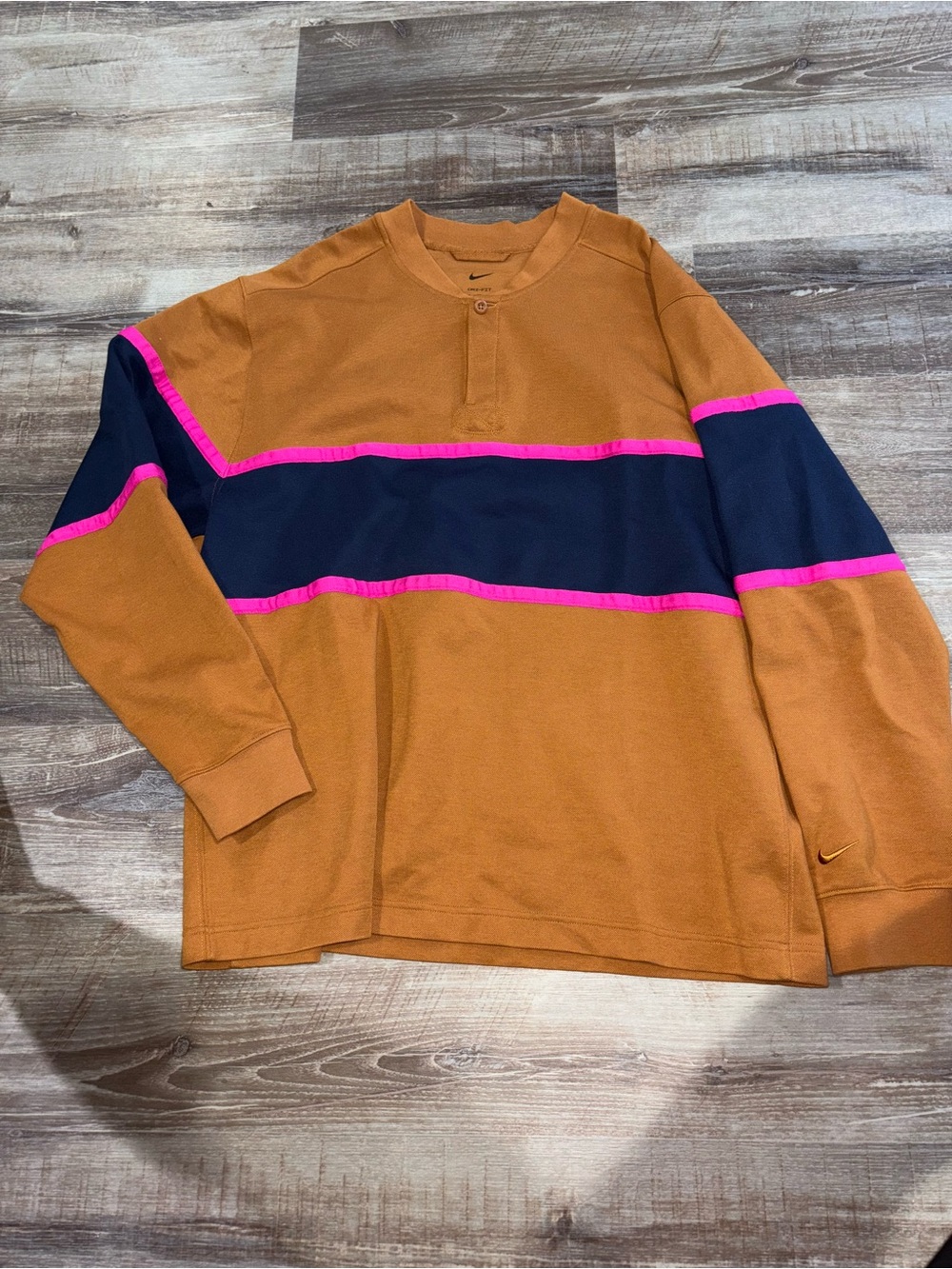 Nike Colorblock Long-Sleeve Rugby Shirt in Brown, Navy & Pink